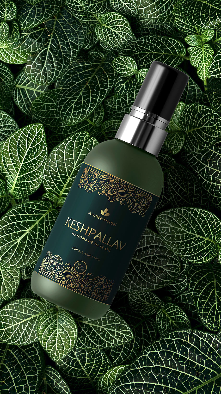 Label design for Avimee Herbal’s Keshpallav Handmaid Hair Oil, combining natural aesthetics with professional branding for a cohesive and trustworthy look.