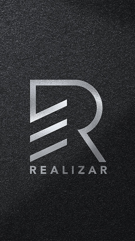 Logo and business card design for Realizar, a brand specializing in Infinity Mirror technology, reflecting innovation with a modern and sophisticated aesthetic.