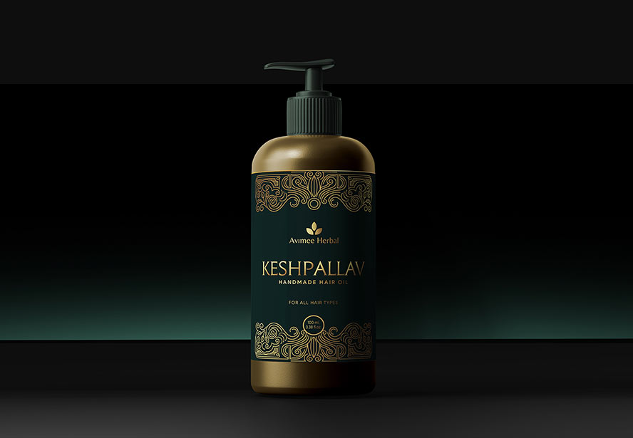 Avimee Herbal Keshpallav Hair Oil – Elegant product display set against a green-black gradient, highlighting the oil’s premium branding.