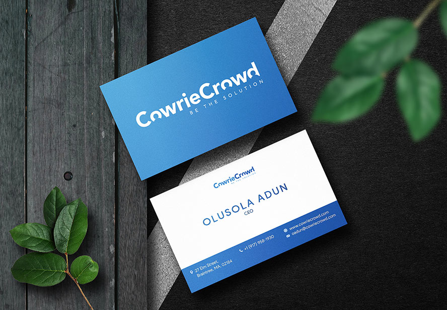 Cowriecrowd Business Card – Creative presentation with a nature-inspired backdrop, reinforcing authenticity and organic branding.