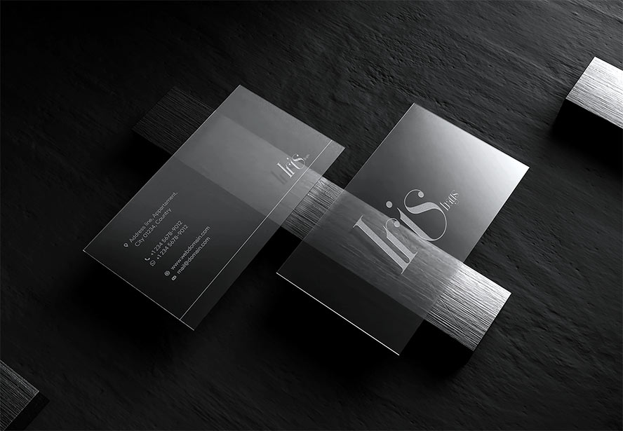 IRIS Bags – Business card design reflecting a stylish, high-end brand identity with elegant typography and a refined visual aesthetic.