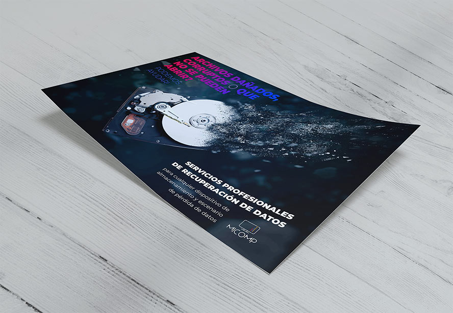 MiComp Flyer – Clean and structured flyer design displayed on a white wooden floor, ensuring readability and engagement.
