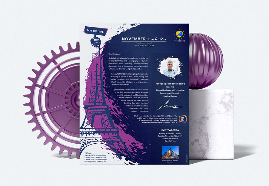 Open EuroMed 2019 Flyer – Professionally displayed in a light setting with purple-themed products, reinforcing event branding.