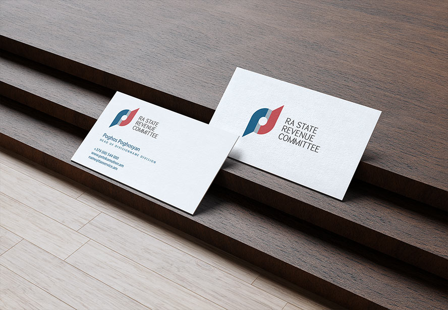 RA State Revenue Committee Business Card – Double-sided layout displayed on a wooden floor background, emphasizing refined corporate identity.