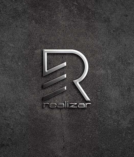 Realizar Logo – Modern metallic logo presented on a dark concrete wall, enhancing industrial and innovative aesthetics.