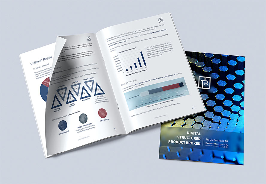 TRIUS Partners AG | Digital Structured Product Broker – Business plan and brochure design highlighting financial expertise, investment solutions, and a modern digital approach to structured products.