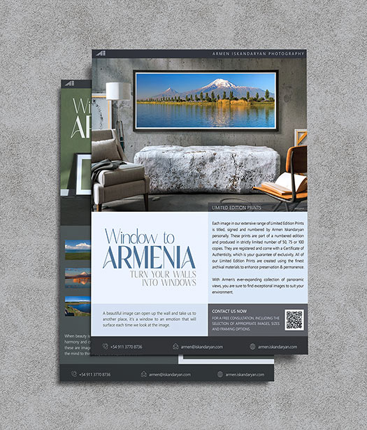 Window to Armenia – Flyer design showcasing panoramic photography of Armenian landscapes, highlighting cultural heritage and breathtaking scenery through immersive visuals.