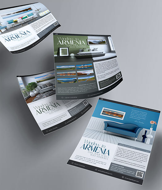 Window to Armenia – Flyer design featuring panoramic landscape photography of Armenian sights, capturing breathtaking scenery and cultural heritage through visually immersive compositions.