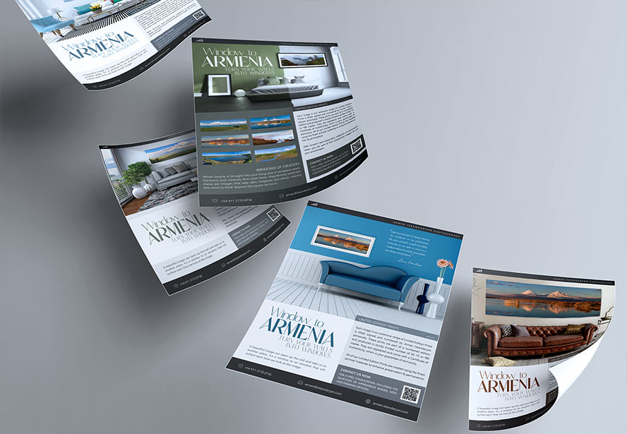 Window to Armenia Flyer Set – A series of visually striking flyers displayed against a gray wall, showcasing the beauty of Armenian landscapes.