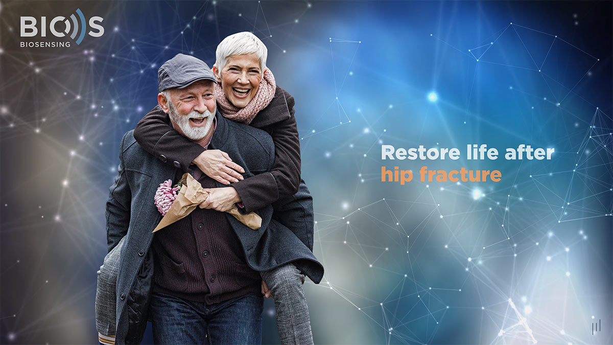 BIOS Biosensing Investor Presentation – Opening slide introducing AI-powered biosensor solutions for hip fracture recovery.