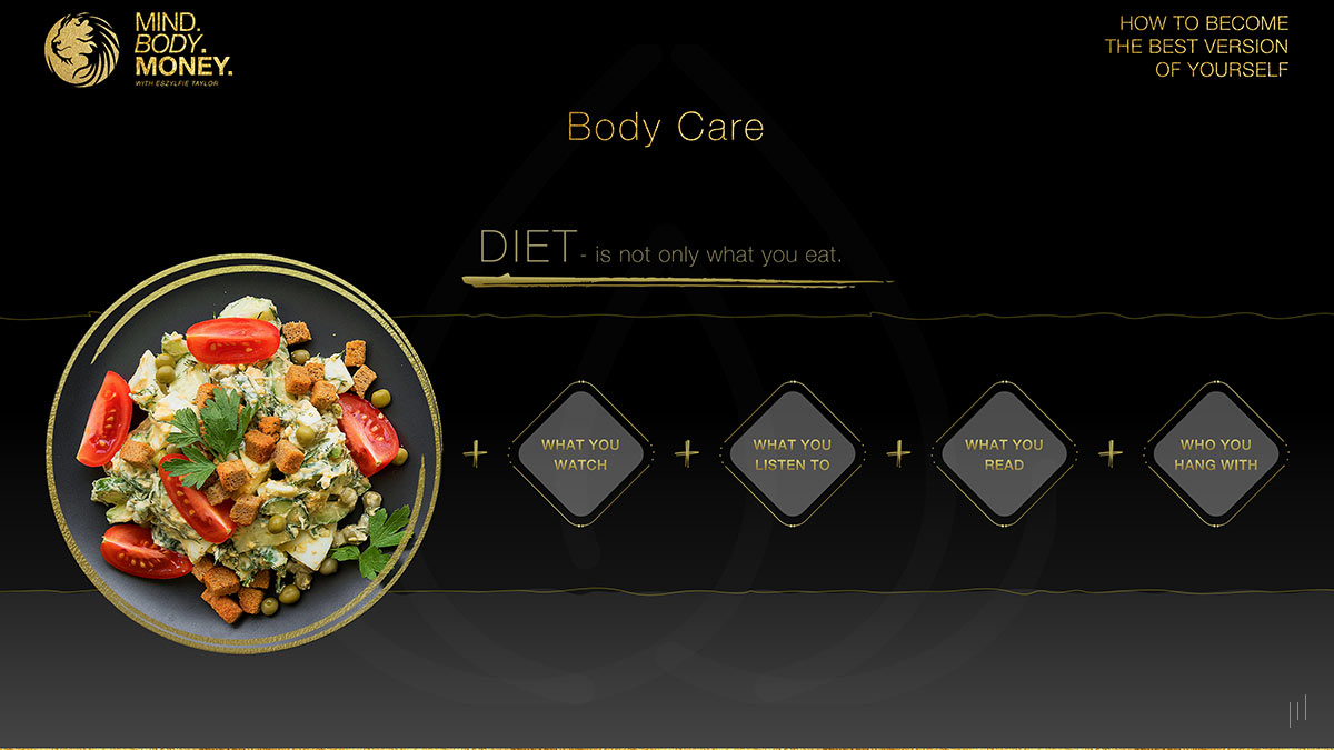 How to Become the Best Version of Yourself – Slide presenting essential self-care practices for maintaining health and vitality.