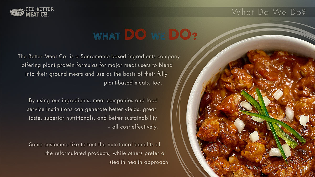 The Better Meat Co. – Slide introducing the company’s mission and approach to transforming the food industry with plant-based solutions.