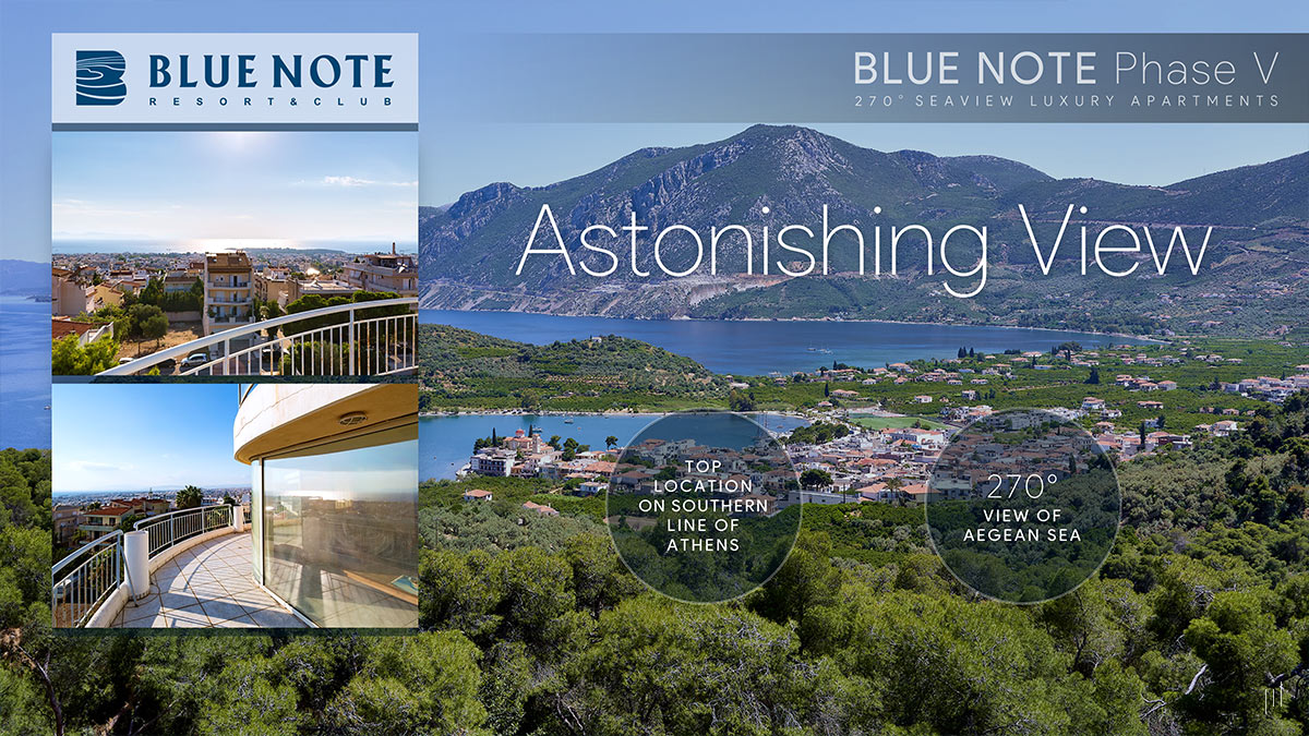 Blue Note Phase V – Slide showcasing the breathtaking 270° panoramic views of the Aegean Sea from the apartments.