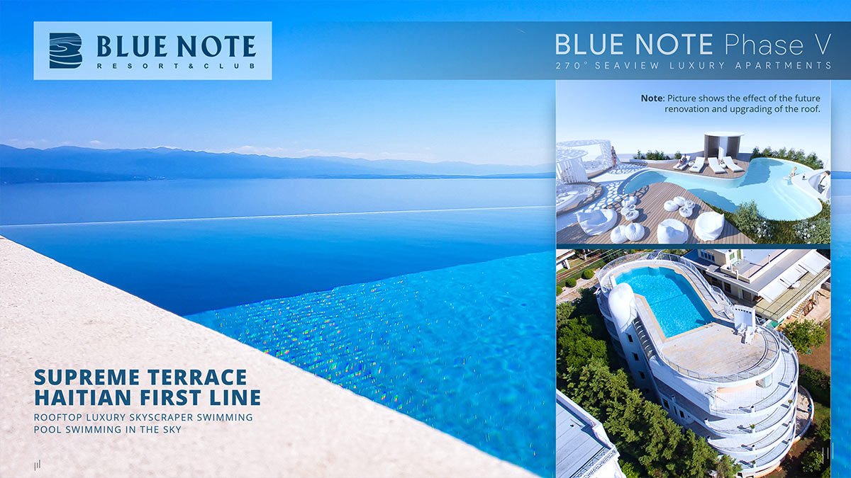 Blue Note Phase V – Slide featuring the luxurious rooftop terraces with infinity pools and high-end finishes.
