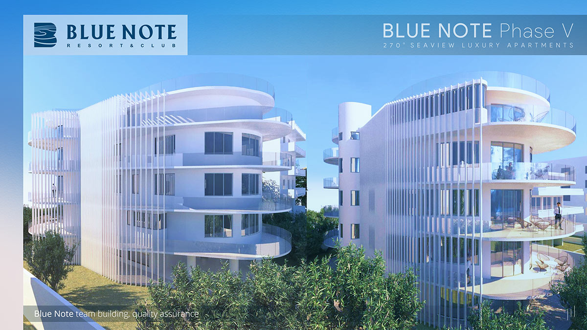Blue Note Phase V – Slide presenting the modern and elegant exterior of the luxury apartment complex.