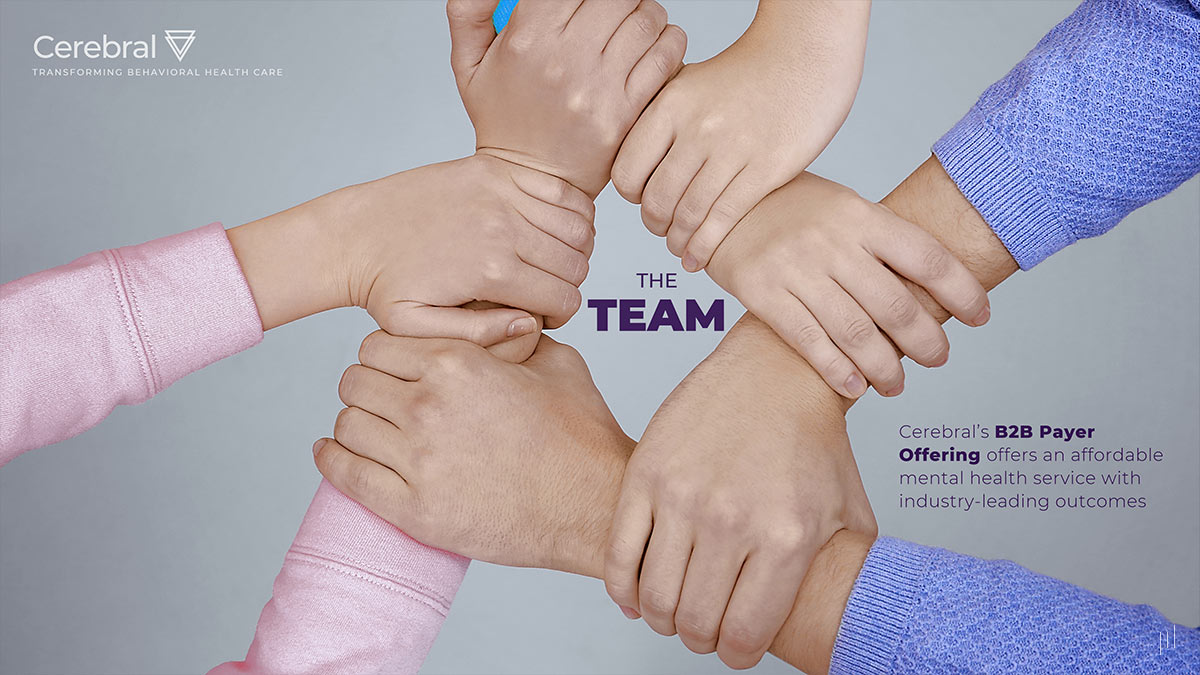 Cerebral Business Presentation – Slide introducing the leadership team driving innovation in mental health telemedicine.