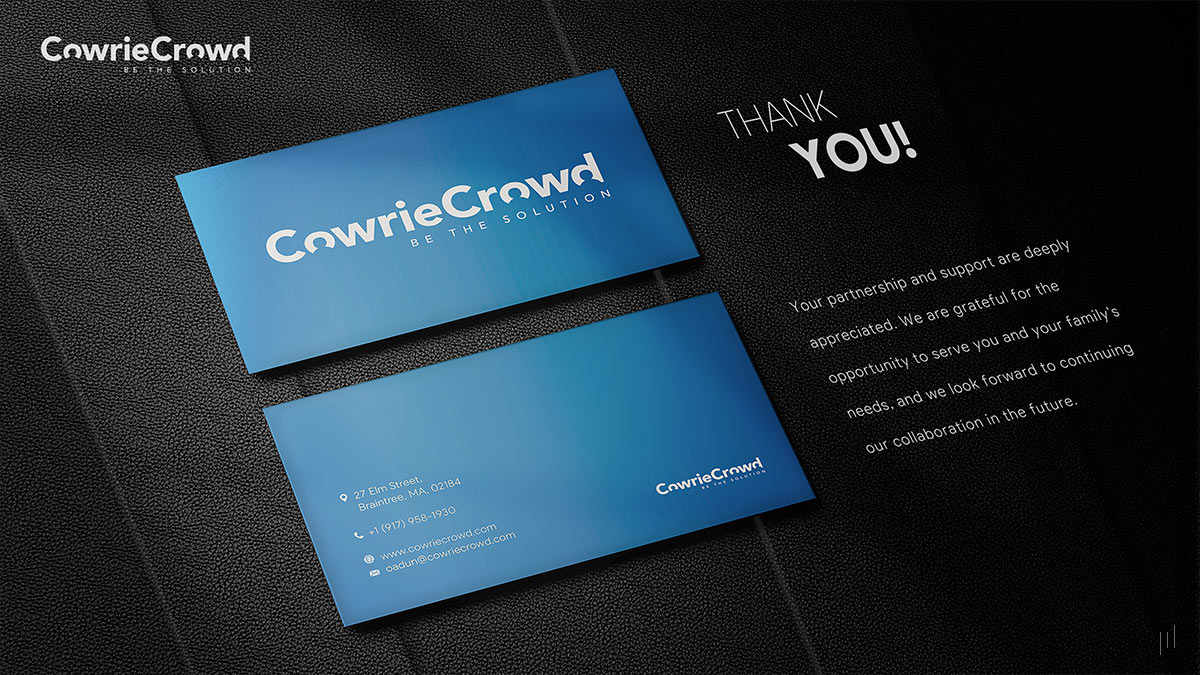 CowrieCrowd Business Presentation – Closing slide expressing appreciation and reinforcing the platform’s mission.