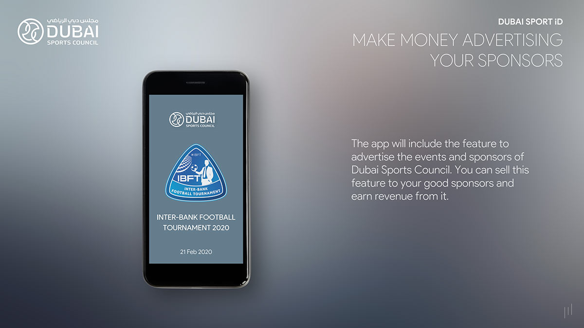 Dubai Sport iD Investor Pitch Deck – Slide highlighting advertising opportunities for sponsors within the platform.