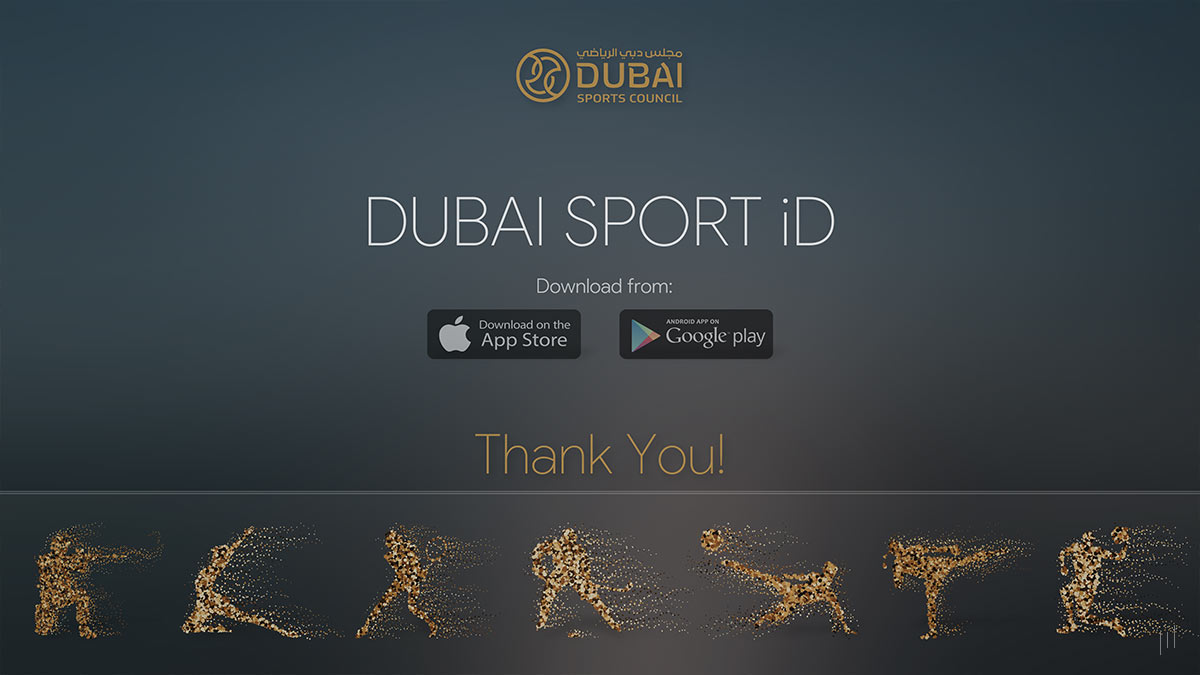Dubai Sport iD Investor Pitch Deck – Closing slide expressing appreciation and reinforcing the platform’s mission.