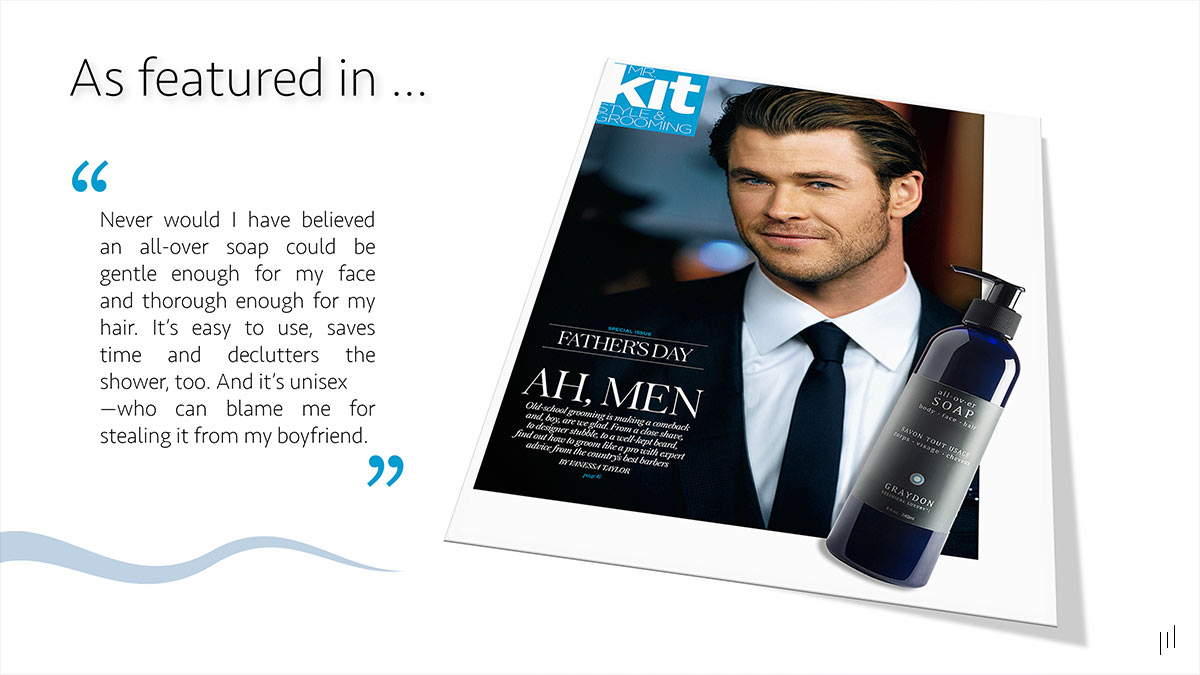 Graydon Skincare Sales Presentation – Slide featuring Graydon Skincare’s coverage in KIT magazine alongside Chris Hemsworth.