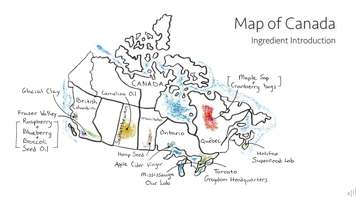 Graydon Skincare Sales Presentation – Slide showcasing key superfood ingredients sourced from Canada for skincare formulations.