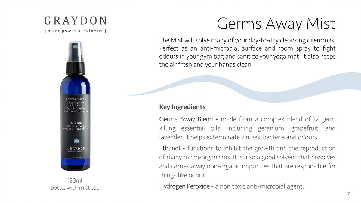 Graydon Skincare Sales Presentation – Slide featuring the Germs Away Mist, a plant-powered antibacterial skincare solution.