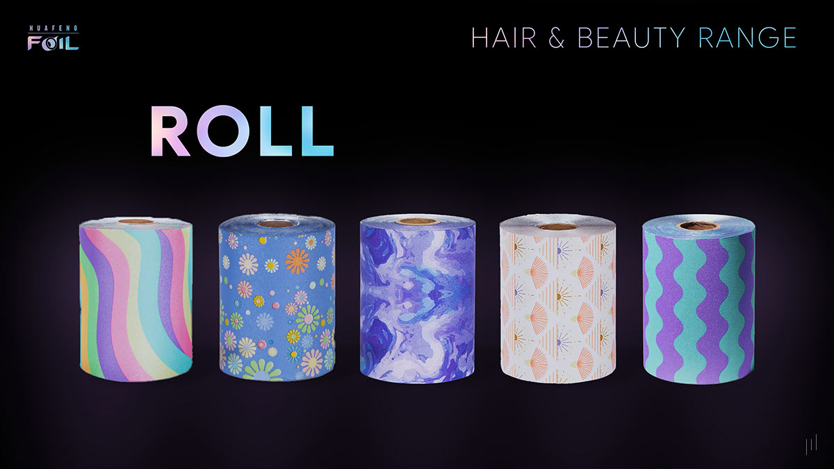 Huafeng Foil Hair & Beauty Range – Slide featuring aluminum foil rolls for professional hair styling and coloring.