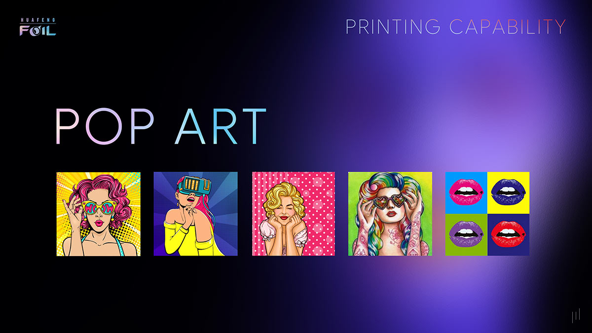 Huafeng Foil Hair & Beauty Range – Slide featuring vibrant pop-art foil designs for a bold aesthetic.