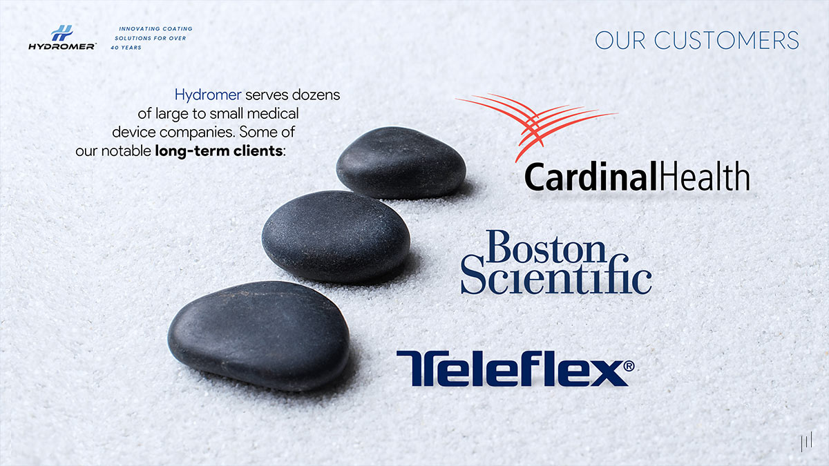 Hydromer Investor Pitch Deck – Slide presenting key clients and industry partnerships.