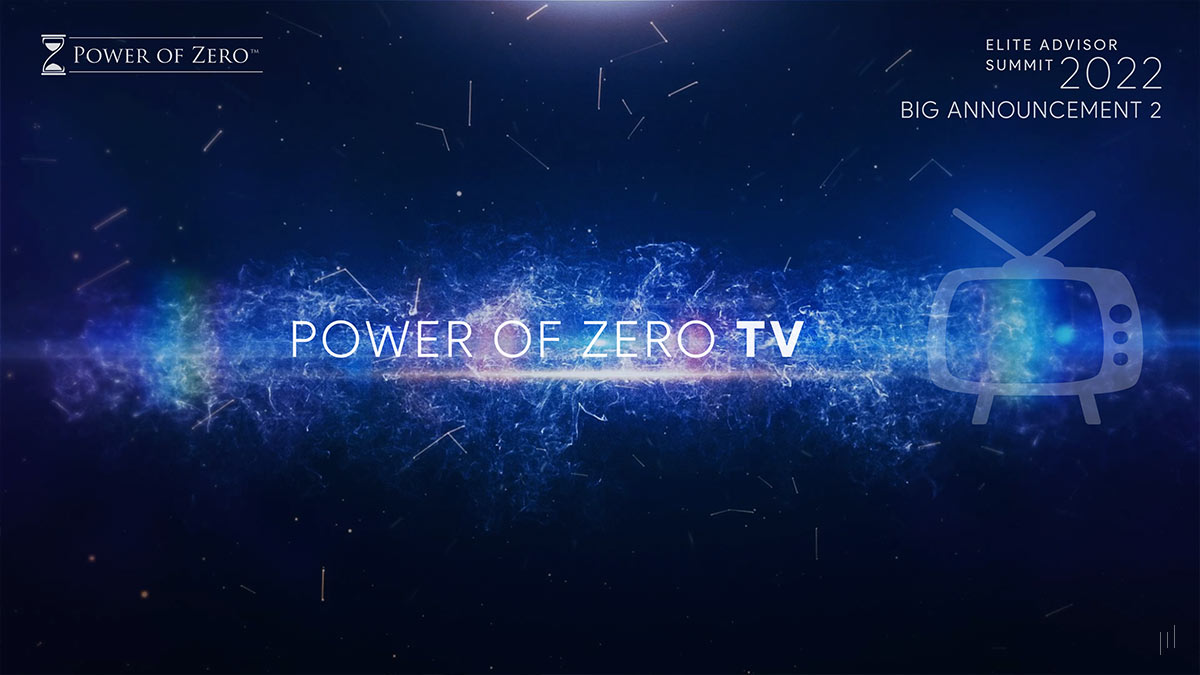 Elite Advisor Summit Puerto Rico 2022 – Slide unveiling the Power of Zero TV platform for financial insights.