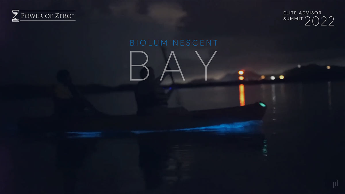 Elite Advisor Summit Puerto Rico 2022 – Video slide highlighting the mesmerizing glow of Puerto Rico’s Bioluminescent Bay.