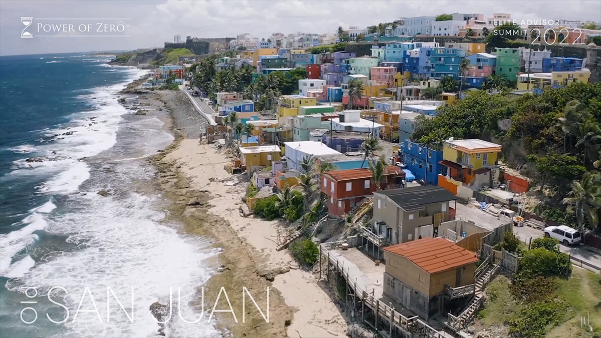 Elite Advisor Summit Puerto Rico 2022 – Video slide capturing the historic charm and vibrant culture of Old San Juan.