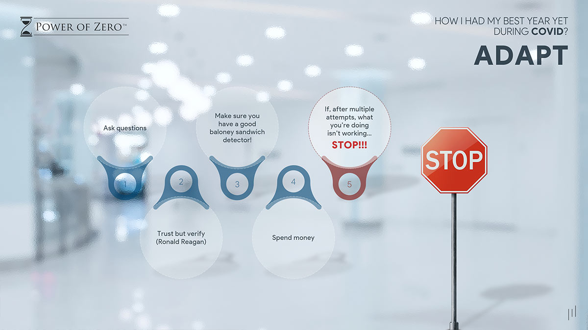 How I Had My Best Year Yet During COVID – Slide emphasizing adaptability and knowing when to pivot strategies.