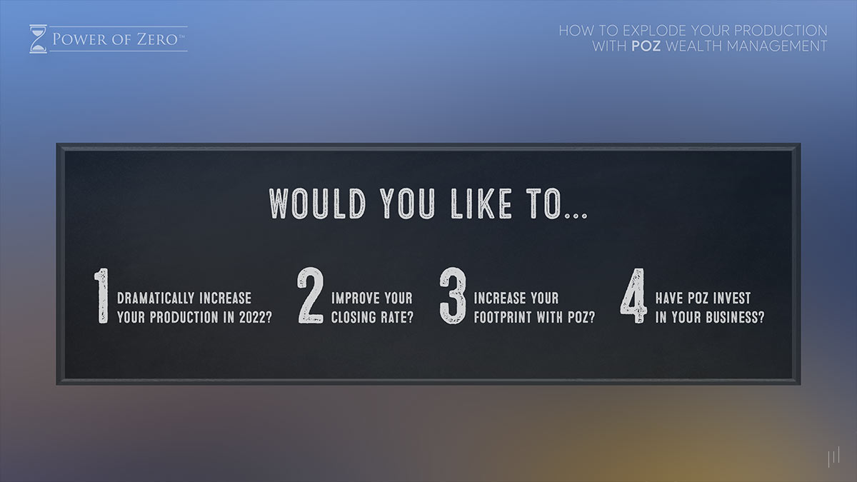 How to Explode Your Production With POZ Wealth Management – Slide introducing key questions and considerations for financial advisors aiming to enhance their production.
