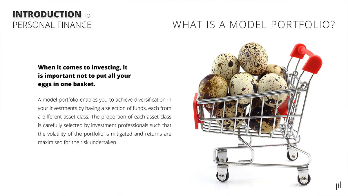 Introduction to Personal Finance – Slide introducing model portfolio structures for balanced investment planning.