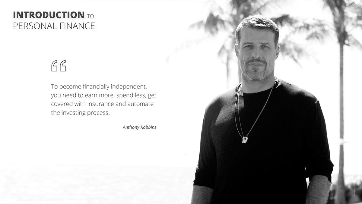 Introduction to Personal Finance – Slide showcasing motivational financial principles from Anthony Robbins.