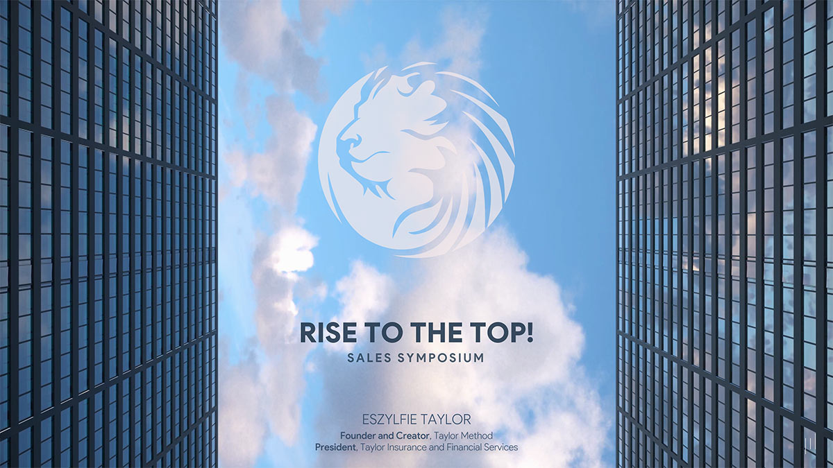 Raise to the Top – Title slide featuring an upward perspective of two skyscrapers with an airplane soaring between them, symbolizing ambition and success.