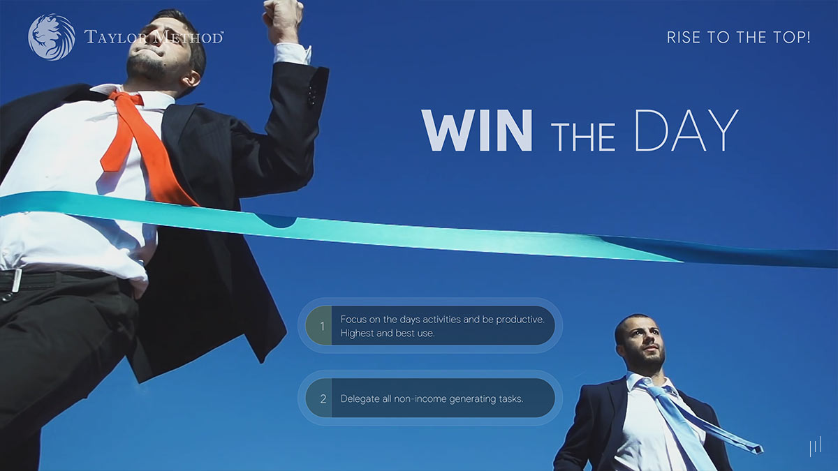 Raise to the Top – Slide motivating financial advisors to take decisive action and maximize daily success.