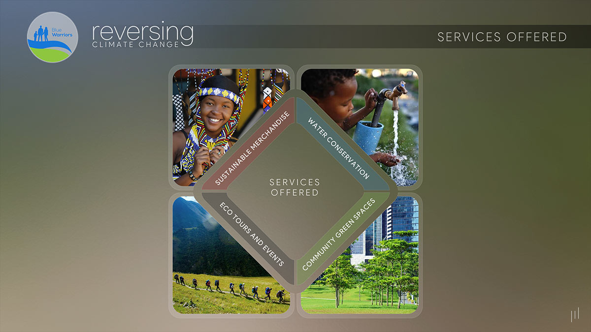 Reversing Climate Change – Slide detailing the range of sustainability services provided by Blue Warriors.