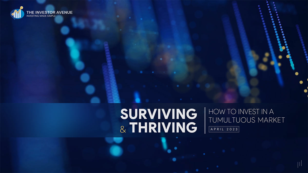 Surviving and Thriving – Title slide featuring the presentation name over a background video of analytical chart animation, symbolizing financial trends and market analysis.