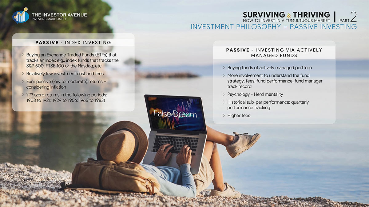 Surviving and Thriving – Slide explaining passive investment strategies and their role in wealth accumulation.