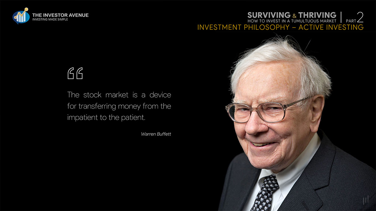 Surviving and Thriving – Slide featuring Warren Buffett’s investment philosophy alongside his image, reinforcing principles of long-term financial success.