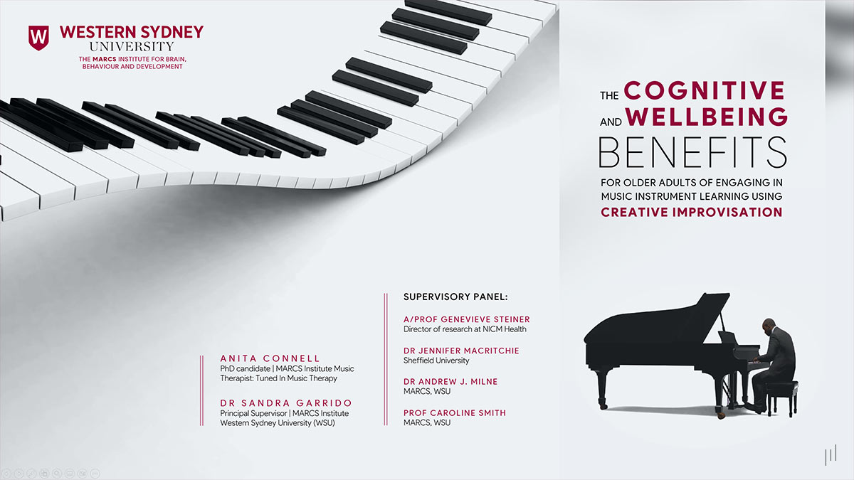 The Cognitive and Wellbeing Benefits Using Creative Improvisation – Title slide featuring the presentation name and presenter details over a piano keyboard animation video, symbolizing the connection between music and cognitive function.